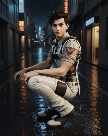 score_9, score_8_up, score_7_up, rating_questionable, intricately detailed, science fiction setting,
<lora:homri52:1>,
<lora:Paxton_Pryce_Fortnite:0.8>,
1boy(paxt0npryc3, paxb0ttom, white pants, paxt0p, squatting, full body, standing, looking at the viewer, solo, friendly, slight smile, looking at the viewer),
side view,
rain, wet street, wet, futuristic city, futuristic buildings, high rises, on a road, at night, darkness, rainfall, dark theme, depth of field, detailed background,
<lora:ral-chrosc-clr:0.5>, ral-chrosc-clr,
<lora:Expressive_H:0.5>, expessiveH,
<lora:xl_more_art-full_v1:0.3>,
<lora:add-detail-xl:0.3>