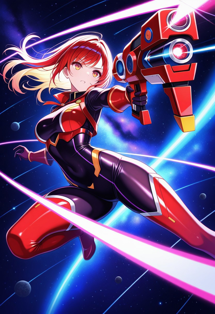 masterpiece, vibrant colours, HD32K, highly detailed, female space pirate aiming laser blaster, dynamic image