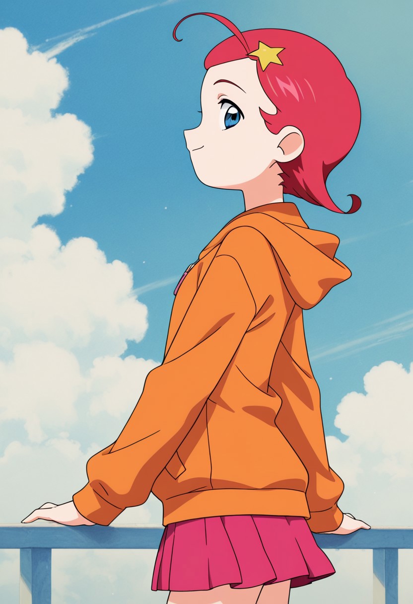 masterpiece, best quality, source_anime,official art,perfect_anatomy,princess comet, 1girl,  blue eyes,  ahoge, red hair, short hair,  star hair ornament,hoodie, long sleeves,skirt,profile, looking_at_viewer,happy,smile,upper body,thighs,hip,day,blue_sky,cloud