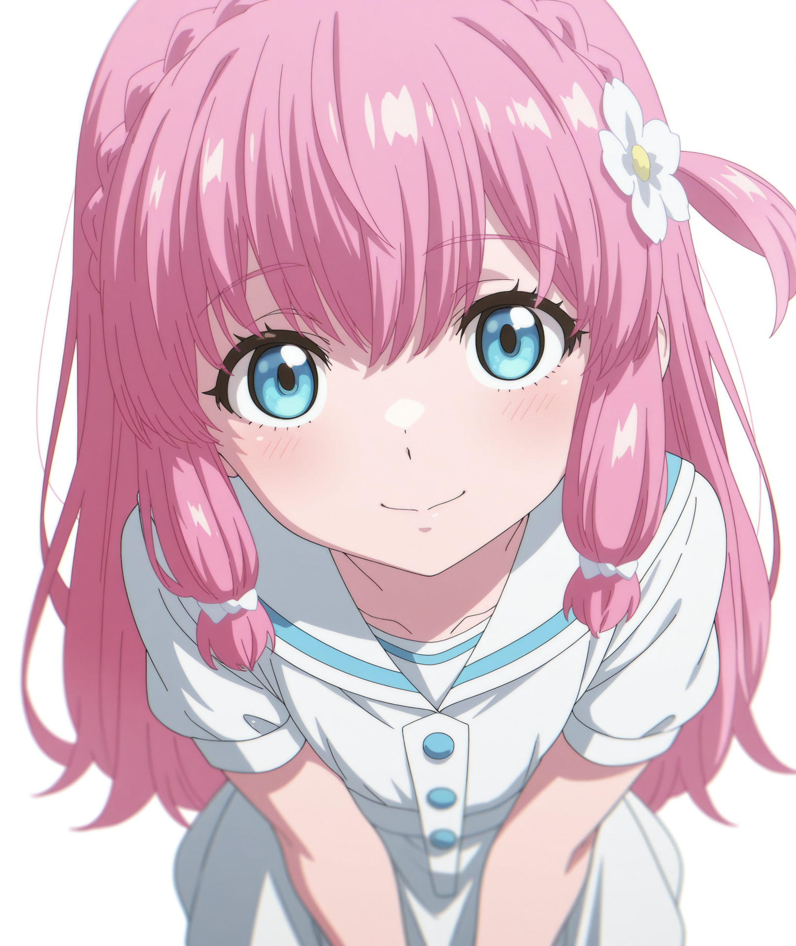 highres, hi res, best quality, masterpiece, 2d, intricate details, 4k, anime coloring, uncensored, shaded, shadow, countershading,
1girl, solo, female, eyelashes, nose, long hair, bangs, blue eyes, hair ornament, pink hair, braid, flower, hair flower, crown braid,
dress, short sleeves, sailor collar, white dress, sailor dress, 
cowboy shot, foreshortening, looking at viewer, facing viewer, front viewer,
depth of field, white background, <lora:Nei_Ookawamura_ILXL:1>, mato seihei no slave, ookawamura nei \(mato seihei no slave\), ookawamura nei,