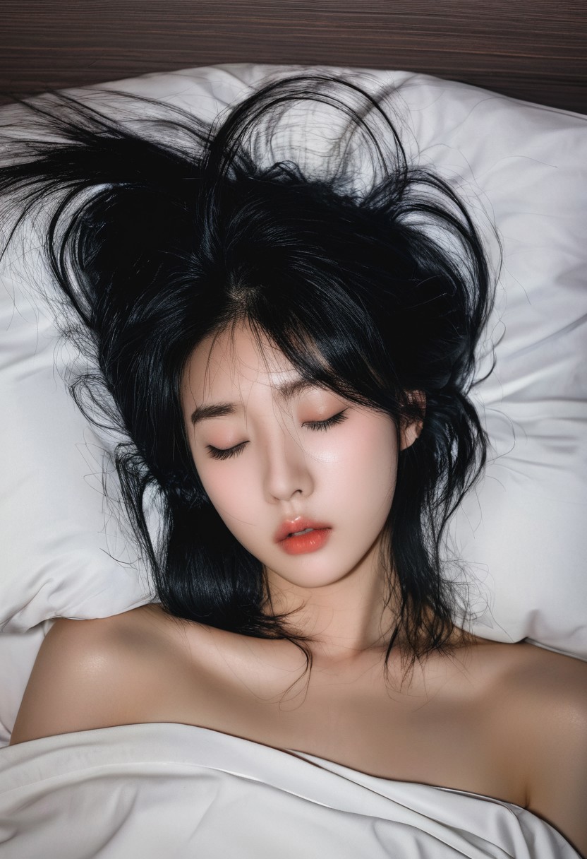kpop idol,a woman named artgravia, Korean woman ,messy hair,sleeping, sleeping woman, closed eyes, black hair,portrait,close-up ,messy hair,on bed,bed,Pillow,<lora:artgravia model-SDXL-V5:0.9>