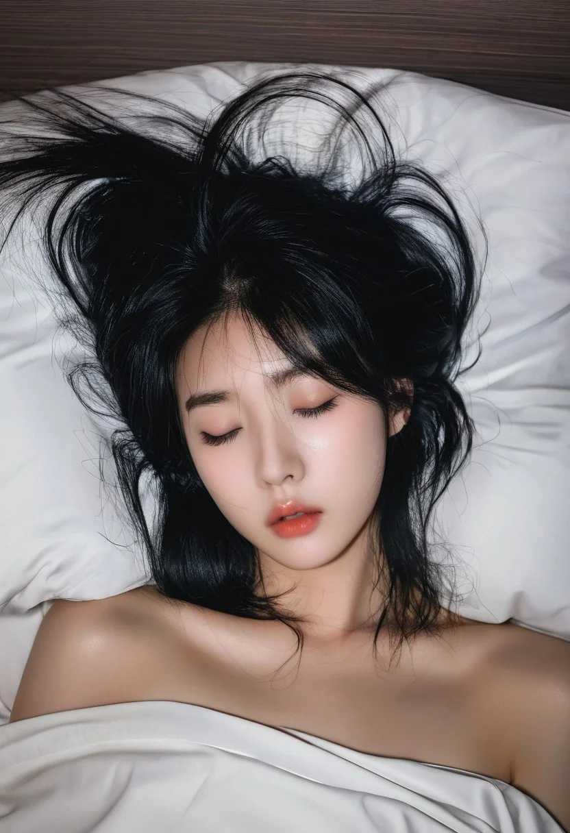 kpop idol,a woman named artgravia, Korean woman ,messy hair,sleeping, sleeping woman, closed eyes, black hair,portrait,close-up ,messy hair,on bed,bed,Pillow,<lora:artgravia model-SDXL-V5:0.9>