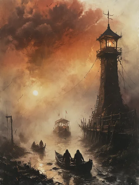 Bronze punk, a medieval dilapidated ferry station with a rope stretched across the river and a raft in dense fog, 34K uhd, masterpiece, high detail, 8k, intricate, detailed, high resolution, high res, high quality, <lora:add-detail-xl:1.8>, highly detailed, Extremely high-resolution details, fine texture,