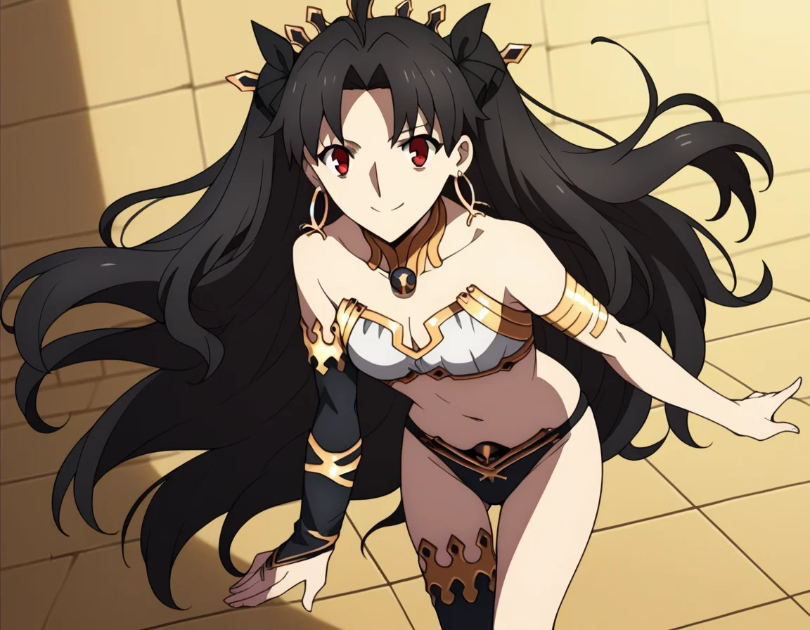 score_9, score_8_up, score_7_up, source_anime,
ishtar, <lora:ishtar-babylonia-s1-ponyxl-lora-nochekaiser:1>,
ishtar, long hair, black hair, ribbon, hair ribbon, two side up, red eyes, parted bangs, crown,
thighhighs, navel, jewelry, earrings, single thighhigh, armlet, asymmetrical legwear, anklet, uneven legwear, neck ring, single elbow glove, asymmetrical sleeves, uneven sleeves,
dessert, bent over, smile,
looking at viewer, cowboy shot, solo, dutch angle,