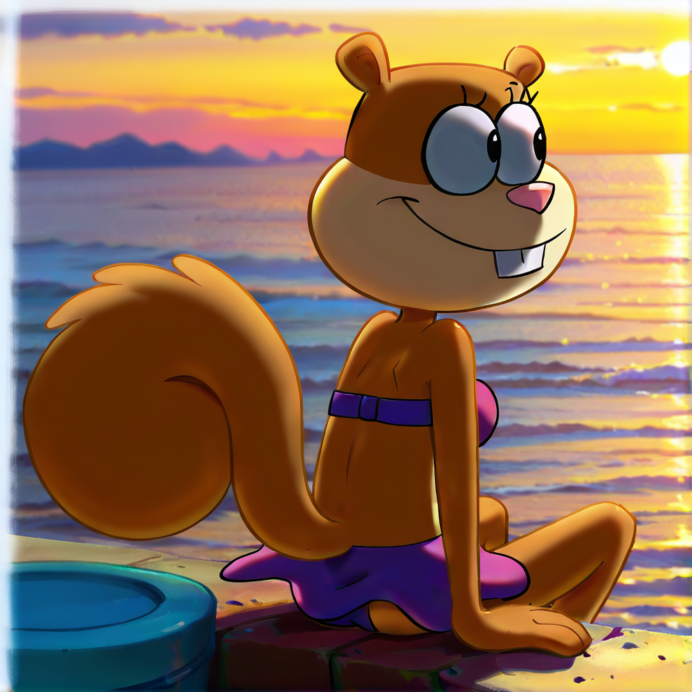 hi res, best quality, female, Score_9, score_8, score_7 BREAK, best anatomy, (solo), small body, young, petite, ultra detailed, short, (source_cartoon), (((show accurate))), (masterpiece), <lora:Sandy_Cheeks_Illustrious:1>, s@ndy_cheeks, furry, squirrel, buck teeth, black eyes, squirrel tail, purple bikini, sitting, outdoors, smile