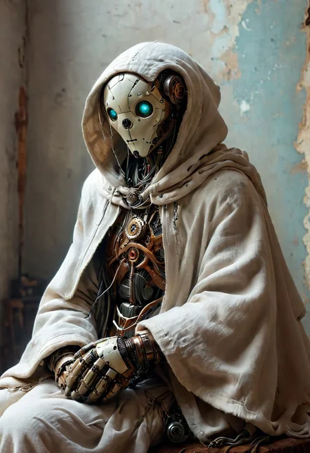 noface hooded robot with steampunk features and Large wide linen hood Cape sits quietly with a fluffy white lamb on its lap. the scene of a used and dirty detailed sci-fi looking hooded dystopien cyborg draped in a thick dirty white linen cloak. detailed dirty used look, Its face remains concealed, and the cloak over its head is made of coarse, thick, dirty, torn and worn white linen fabric. It exudes a silent presence, as the surroundings are permeated with a blend of solitude and tender moments of affection. cables, wires, very detailed, atmospheric haze, dimmed light
