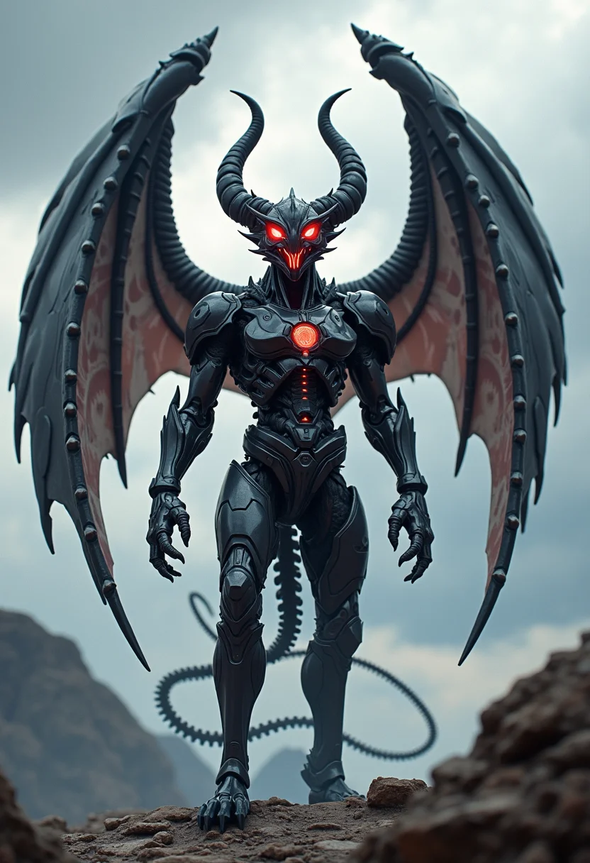 high quality, highly detailed, colorful, abstract, fantasy, fantasy background, The image is a digital illustration of a futuristic creature with a large, elongated head and two large horns protruding from its head. The creature is standing on a rocky surface with a cloudy sky in the background. The horns are curved and have a red glow emanating from them, giving the creature a mysterious and ominous appearance. The body of the creature is made up of multiple layers of black metal, with intricate patterns and designs. The wings are spread out behind the creature, creating a sense of power and strength. The overall mood of the image is dark and ominous.<lora:FLUX\boFLUX Neon Abyss.safetensors:0.6:0.6>