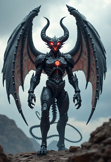 high quality, highly detailed, colorful, abstract, fantasy, fantasy background, The image is a digital illustration of a futuristic creature with a large, elongated head and two large horns protruding from its head. The creature is standing on a rocky surface with a cloudy sky in the background. The horns are curved and have a red glow emanating from them, giving the creature a mysterious and ominous appearance. The body of the creature is made up of multiple layers of black metal, with intricate patterns and designs. The wings are spread out behind the creature, creating a sense of power and strength. The overall mood of the image is dark and ominous.<lora:FLUX\boFLUX Neon Abyss.safetensors:0.6:0.6>