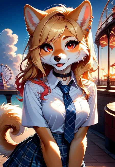score_9, score_8_up, score_7_up, highres, high quality, perfection, masterpiece,
blonde hair, multicolored hair, gradient hair, long hair, bangs, red eyes, breasts, medium breasts, ear piercing, necktie, school uniform, skirt, choker, shirt, piercing, black choker, jewelry, earrings, white shirt, plaid skirt, tied shirt, plaid, pleated skirt, collared shirt, blue skirt,
BREAK
dog fur pattern, fur all over the body, fur covered thighs, fur covered arms, detailed fur, body fur, beautiful girl, cute girl, young adult, youthful, detailed face, beautiful face, innocent face, eyelashes, perfect eyes, detailed eyes, dog tail, big thighs, 
BREAK 
standing, looking at viewer, posing,