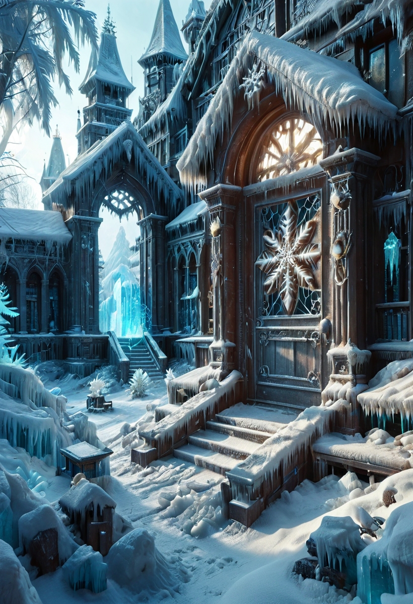 8K resolution, ultra-detailed cinematic composition, contemporary concept art style, volumetric magical atmosphere with ethereal glow, rich complementary color palette, vivid gradients and chiaroscuro contrast, dynamic perspective with layered depth of field, inspiring awe-inspiring mood, Unreal Engine 5 render quality, intricate textures, flawless anatomy, rule of thirds composition, luminous highlights, surreal ambiance, award-winning illustration, harmonious balance of light and shadow, photorealistic details, ArtStation trending, chromatic accents, nostalgic futurism, dreamlike serenity, bold creativity, professional finish, sharp focus, ambient background, fascinating dynamic motion, Gothic art style, dynamic composition, dramatic lighting, rich colors, intricate details, professional-grade execution, anime
BREAK 
An old abandoned library, a broken window on the left, snow is blowing in, everything around is covered in snow and ice. A slightly open door on the right, massive, oak, decorated with wood carvings, frozen, covered with frost. A warm yellow glow breaks through the crack, <lora:Fr0stWrld4:1> fr0stwrld, snow, ice,  <lora:Vivid Midjourney mimic - XL pony v2.0:0.75> <lora:zy_Detailed_Backgrounds_v1:0.25>,  <lora:Add_Details_v1.2:2>,  <lora:Dramatic Lighting Slider:1>