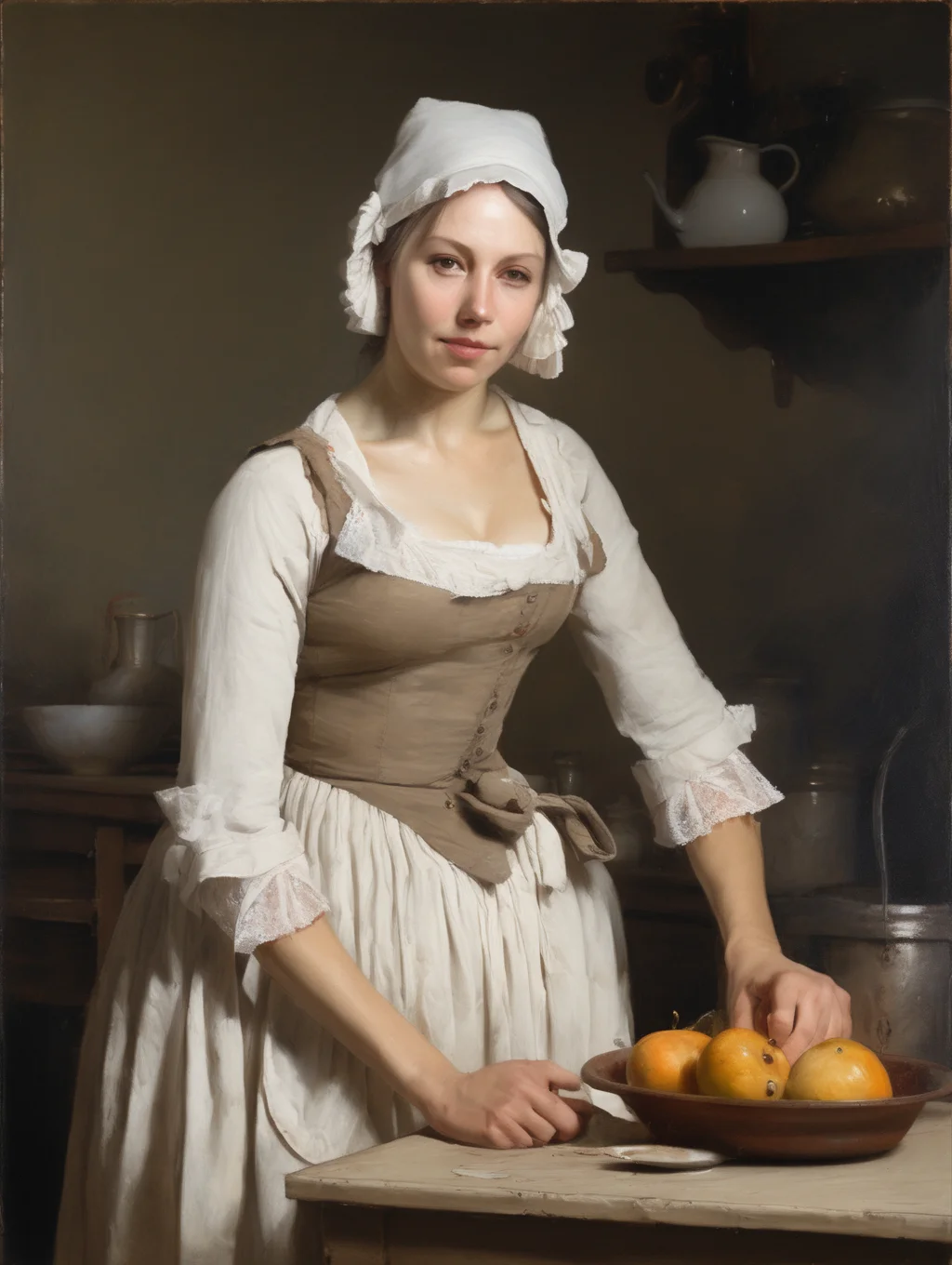 <lora:Jean-Baptiste-Simeon Chardin Style:1>Jean-Baptiste-Simeon Chardin Style - woman represented in half-length wearing a white cotton cap with cotton lace along the edge, represented in a 1800s style painting with a kitchen in the background