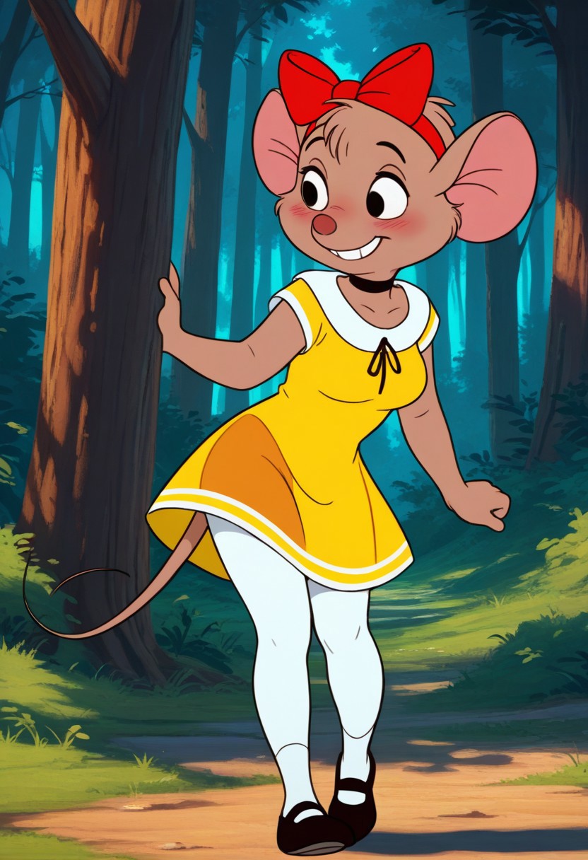 masterpiece, best quality, absurdes, 1girl, solo,
(source furry), full body,
<lora:Olivia Flaversham (The Great Mouse Detective) (Illust):0.8>
Olivia_F, furry female, body fur, brown fur, animal nose, mouse ears, animal ears, hair ribbon, short hair, tail, smile,
choker, grin, medium breasts,
white leggings, yellow sundress, (transparent clothes),
outdoors, (detailed background), forest, trees,
sultry expression, blush,
 <lora:Detailer_NoobAI_Incrs_v1:0.4> detailed,
