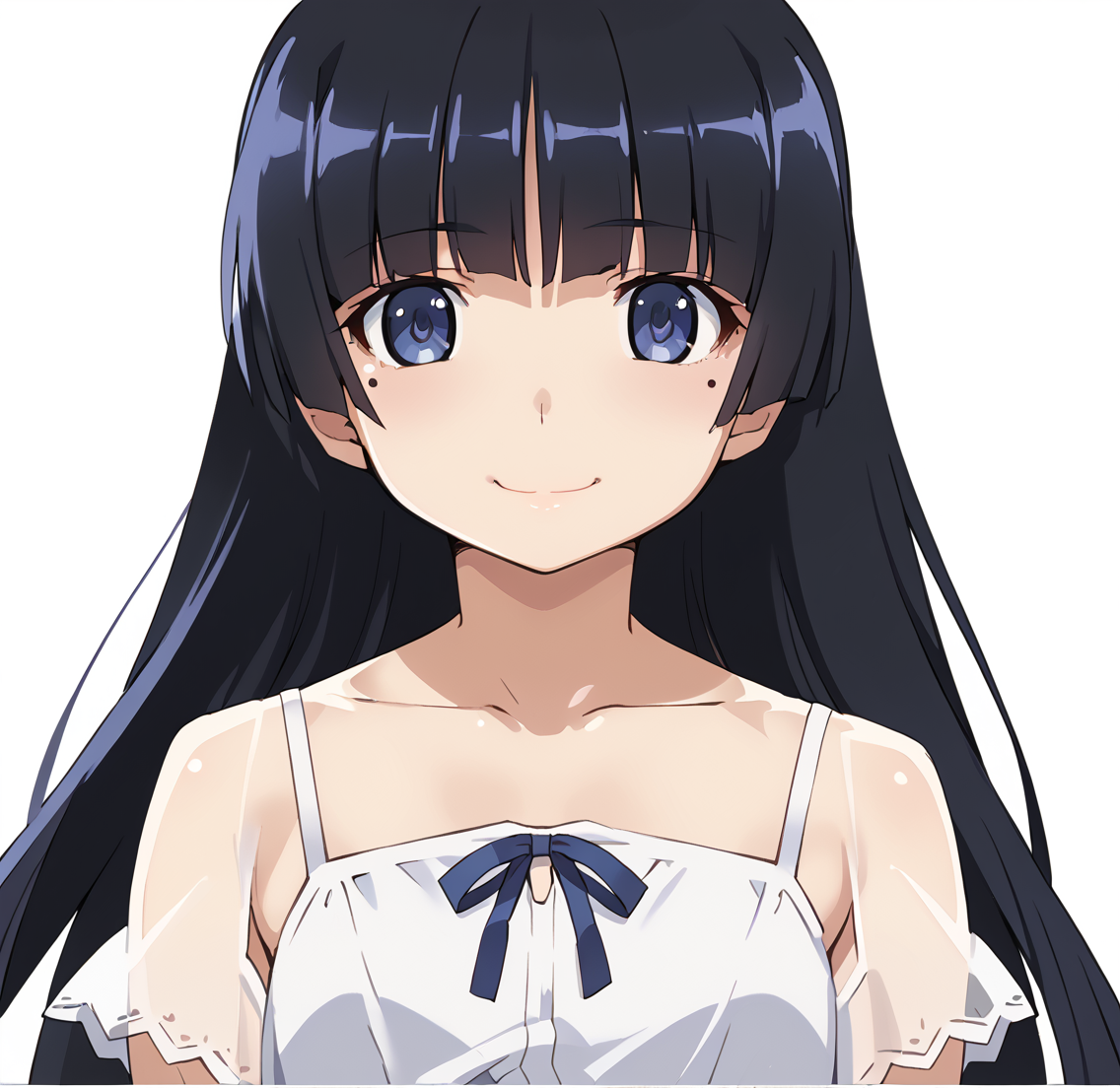 <lora:watanabe_akio:1>
<lora:ruri-gokou-s2-ponyxl-lora-nochekaiser:0.5>
score_9, score_8_up, score_7_up,score_6_up,
watanabe akio, poyoyon rock, watanabeakio, 1girl, solo,
ruri gokou, long hair, black hair, mole, mole under eye, hime cut,close-up,(:3),
blue eyes,  dress, white dress, sundress,,simple background,white background,(close-up),smile