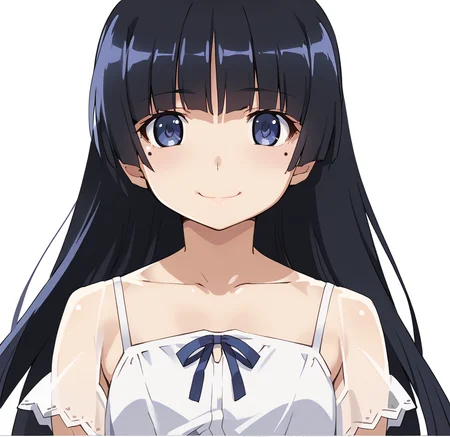 <lora:watanabe_akio:1>
<lora:ruri-gokou-s2-ponyxl-lora-nochekaiser:0.5>
score_9, score_8_up, score_7_up,score_6_up,
watanabe akio, poyoyon rock, watanabeakio, 1girl, solo,
ruri gokou, long hair, black hair, mole, mole under eye, hime cut,close-up,(:3),
blue eyes,  dress, white dress, sundress,,simple background,white background,(close-up),smile