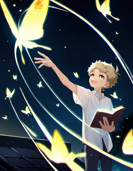 masterpiece, best quality, good quality, koemixpi-style, outdoors, night sky, rooftop, 1boy, solo, koe-mugi, blonde hair, yellow eyes, white shirt, pants, holding book, reaching, magic, glowing, open mouth smile, looking up, wind, glowing butterflies, light streaks, depth of field, chromatic aberration <lora:koe-mixpi_naiXL_v3b_ShoAI:1>