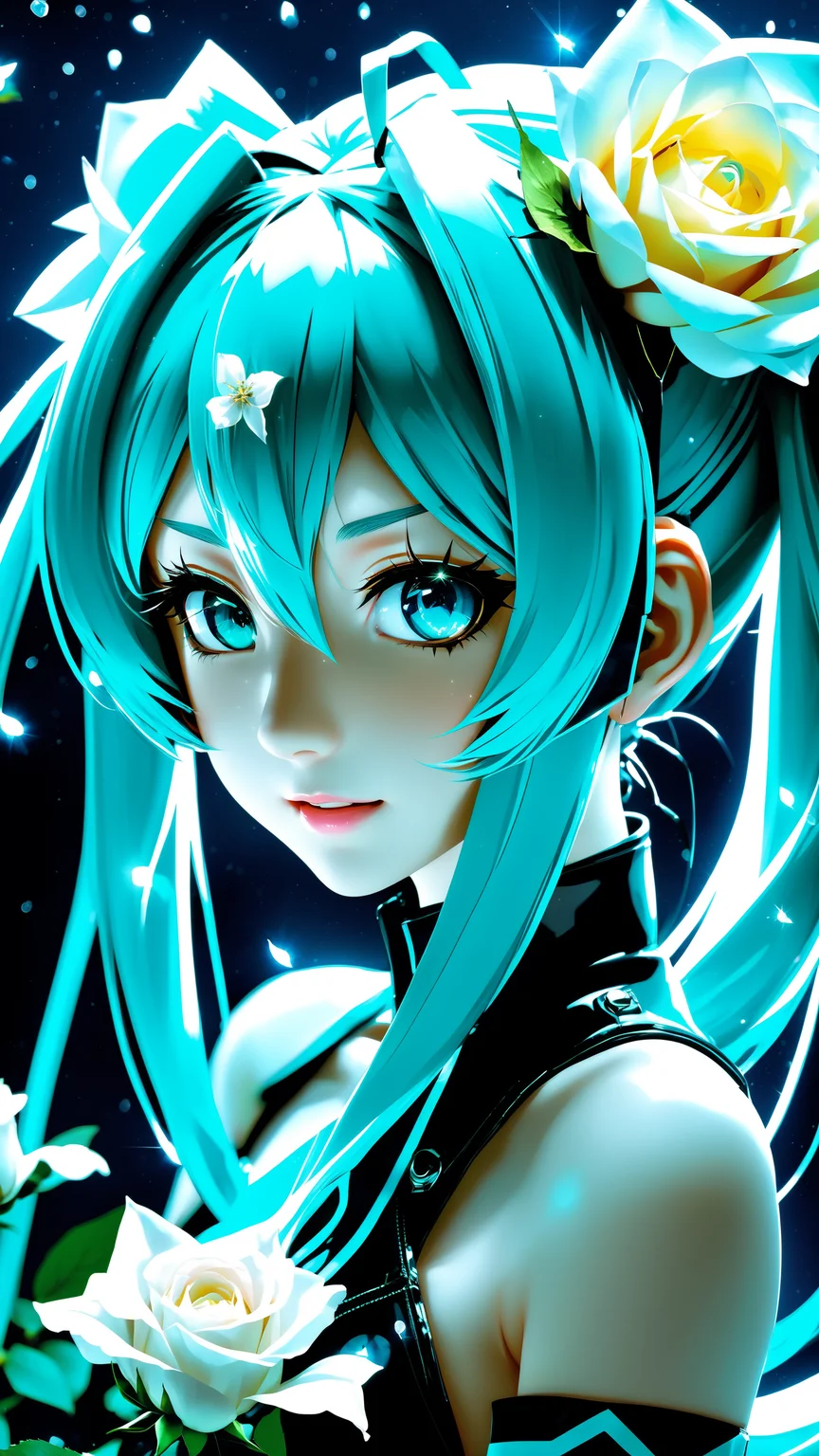 face focus, masterpiece, best quality, 1girl, hatsune miku, goth hatsune miku, latex clothing, suggestive face, hentai face, white roses, petals, night background, fireflies, light particle, solo, aqua hair with twin tails, aqua eyes, standing, pixiv, depth of field, cinematic composition, best lighting, looking up