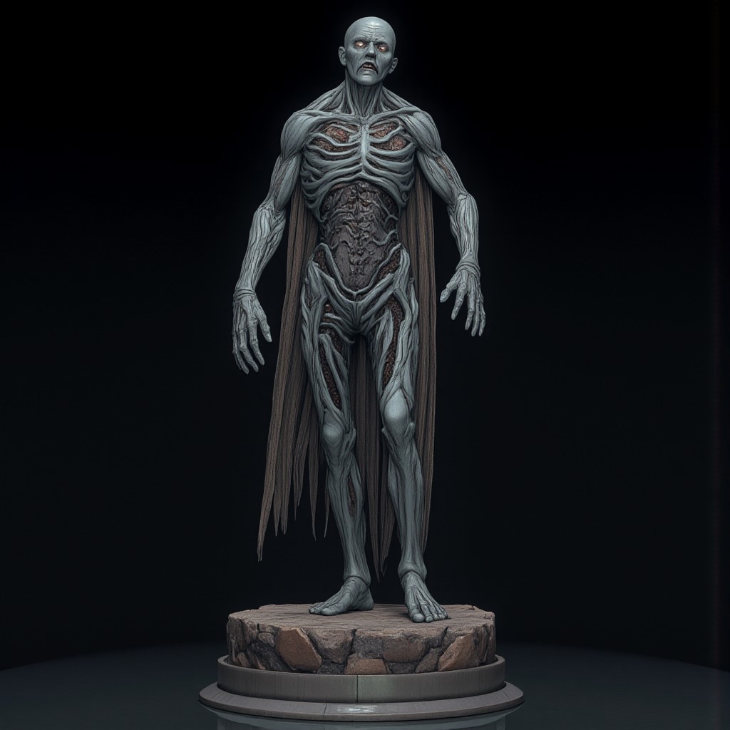 A Elderscrolls Zombie
Set against a solid dark black color background to emphasize its unsettling unnatural form that emphasizes its silhouette. The medium is not a traditional painting or illustrative medium like watercolor or ink but rather a digital 3D rendering.
MikeFranchinastyle, d4artstyle, d4concept, , bbstyle,, horror theme,, zbrush, ZBClay model of a gray sculpture, 1990's, 1990's style