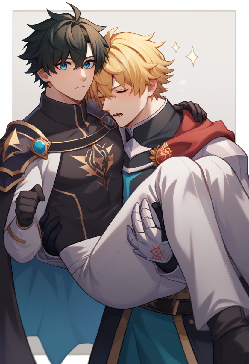 score_9,score_8_up,score_7_up,<lora:princess_carry_pony_pony:1>,multiple boys, 2boys, character: fujimaru ritsuka (male), character: fujimaru ritsuka (male) (polar chaldea uniform), character: gawain (fate), male focus, carrying, looking at viewer, open mouth, closed mouth, blue eyes, closed eyes, blonde hair, black hair, short hair, cape, armor, gloves, black gloves, jacket, black jacket, black shirt, gauntlets, command spell, fur trim, princess carry