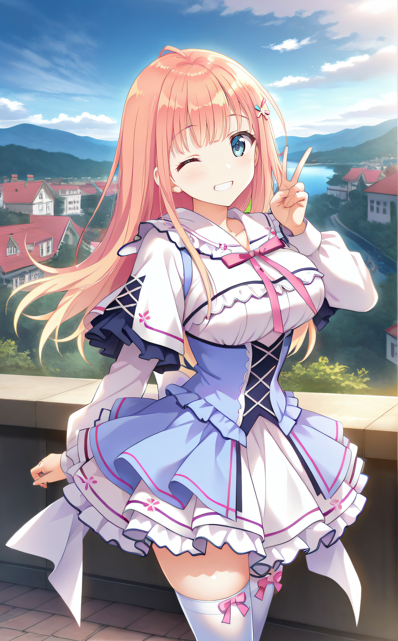 masterpiece, best quality, highres, scenery, newest, 1girl, solo, official style, <lora:Tsukishima_Saori:1>, saori, hairpin, pink ribbon, capelet, frilled dress, layered dress, white long sleeves, blue corset, white thighhighs, looking at viewer, smile, outdoor, cowboy shot, hand up, peace sign, one eye closed, teeth