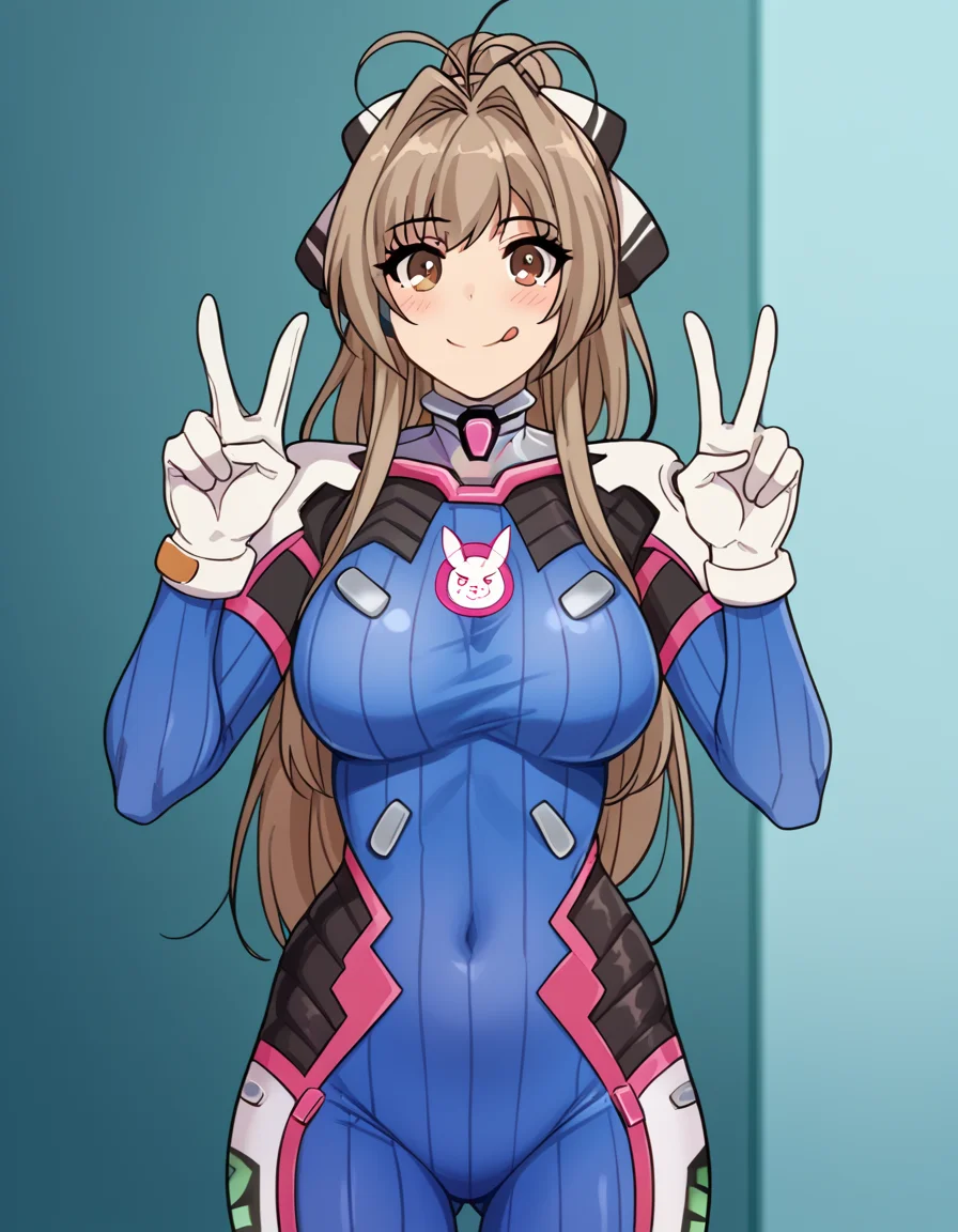 score_9, score_8_up, score_7_up, source_anime, <lora:isuzu-sento-s1-ponyxl-lora-nochekaiser:1>, isuzu sento, long hair, brown hair, bow, brown eyes, ponytail, hair intakes, antenna hair, large breasts, <lora:overwatch-dva-cosplay-ponyxl-lora-nochekaiser:1>, overwatch dva cosplay, d.va (overwatch) (cosplay), bodysuit, cosplay, covered navel, skin tight, vertical-striped bodysuit, streets, smile, blush, v, v over eye, tongue out, cowboy shot, looking at viewer