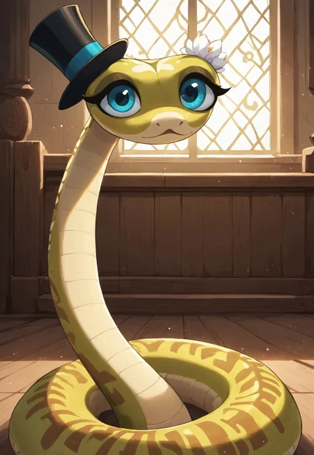 safe_pos, masterpiece, score_9_up, score_8_up, score_7_up, score_6_up, source_furry, (best quality:1.1), ultra-detailed, high resolution, highly detailed macro illustration, solo BREAK viperkfp, feral snake, solo, (beautiful detail blue eyes), looking at viewer, (cute expression, cute face:1.1), (top hat), face focus, :< BREAK indoors, ballroom, warm lighting, BREAK sharp focus, perfect lighting, extremely detailed, high detail, serene, Expressiveh, abstract background, detailed background, OverallDetail, zPDXL3