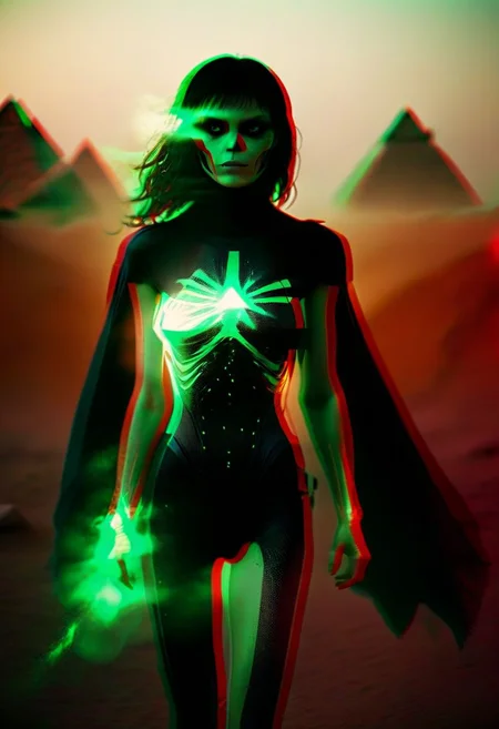 (dark pastel natural colors, hard shadows, light leak, bokeh:1.1), (dramatic tilt shot, action, motion, running in a suit with a cape, superhero woman{looking frantic towards you}:1.3), (magical aura around body{green mist and blurred}, afterimage of person{double exposure, long exposure}:1.2), (the pyramids of Egypt, alien spaceship{alien invasion with light beams}:1.1)