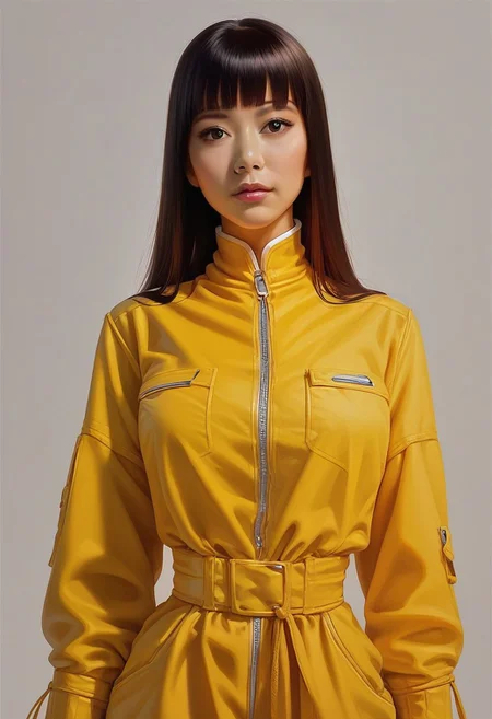 score_9, score_8_up, score_7_up, high quality, detailed, concept art, realistic, mid-waist portrait, 1girl, asian, hime cut, yellow jumpsuit