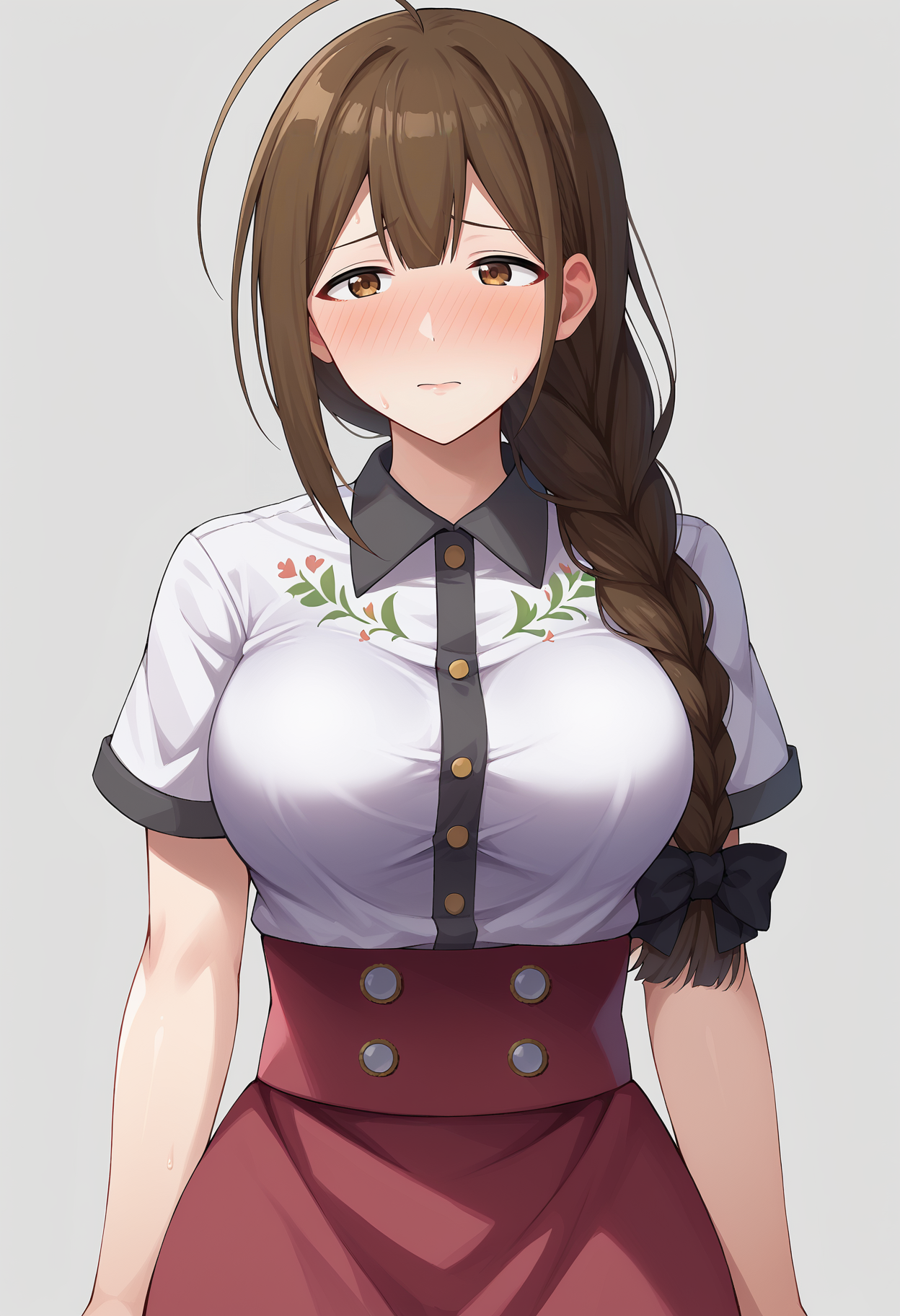score_9, score_8_up, score_7_up, BREAK source_anime, 1girl, solo, kuwayama chiyuki, large breasts, long hair, single braid, brown hair, ahoge, brown eyes, collared shirt, floral print, high-waist skirt, nose blush, upper body, infernal palace <lora:hskc-chiyuki-pony-v0.5:1>