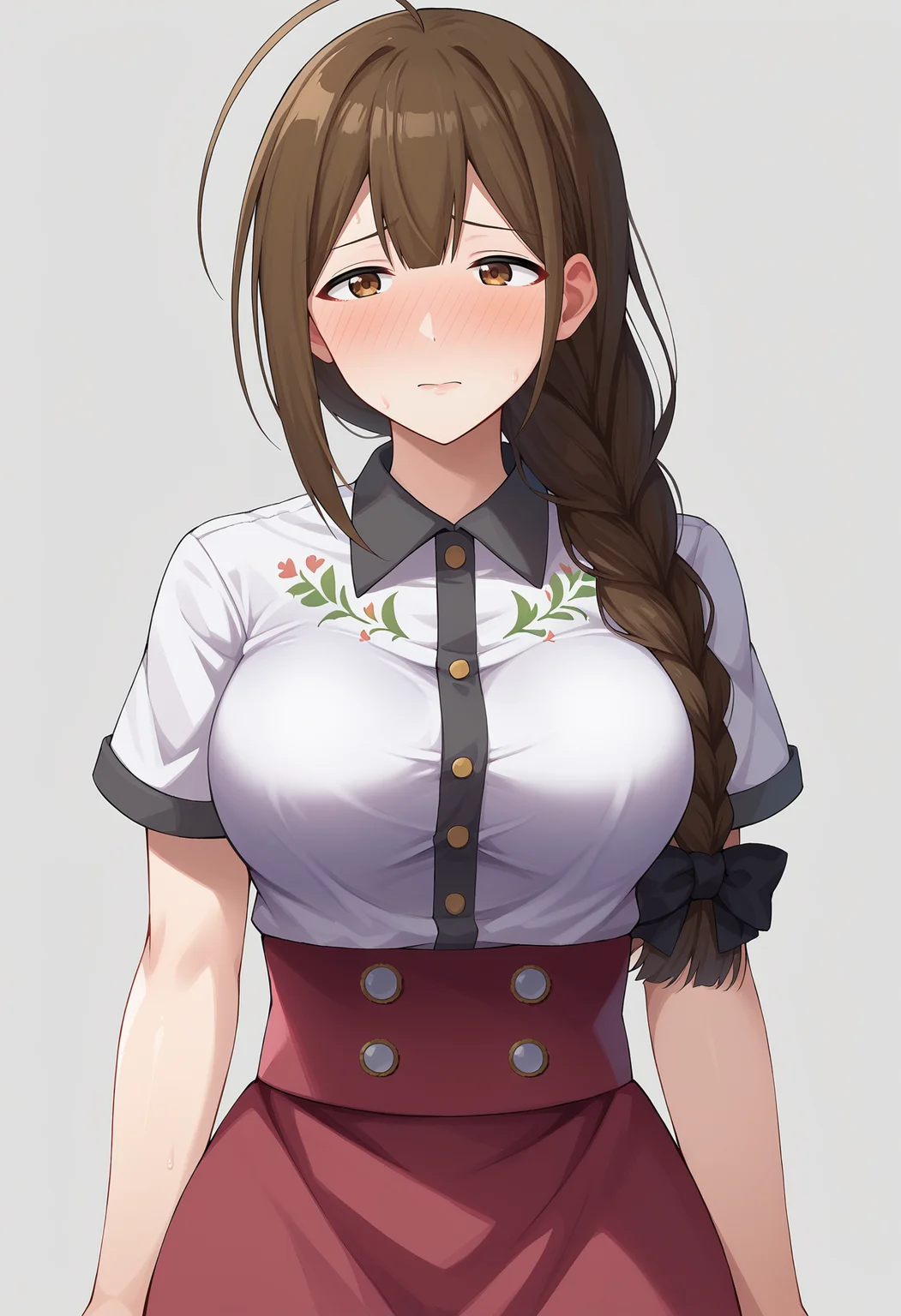 score_9, score_8_up, score_7_up, BREAK source_anime, 1girl, solo, kuwayama chiyuki, large breasts, long hair, single braid, brown hair, ahoge, brown eyes, collared shirt, floral print, high-waist skirt, nose blush, upper body, infernal palace <lora:hskc-chiyuki-pony-v0.5:1>