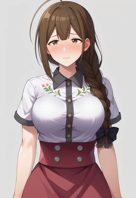 score_9, score_8_up, score_7_up, BREAK source_anime, 1girl, solo, kuwayama chiyuki, large breasts, long hair, single braid, brown hair, ahoge, brown eyes, collared shirt, floral print, high-waist skirt, nose blush, upper body, infernal palace <lora:hskc-chiyuki-pony-v0.5:1>