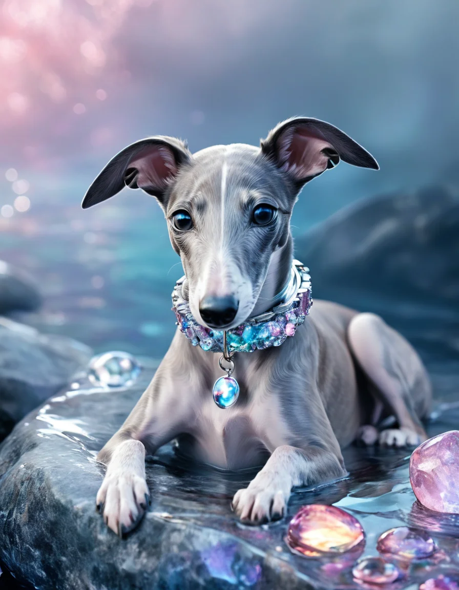 novuschroma84 style greyhound puppy wearing a collar on a magical floating rock <lora:novuschroma84 style:1>