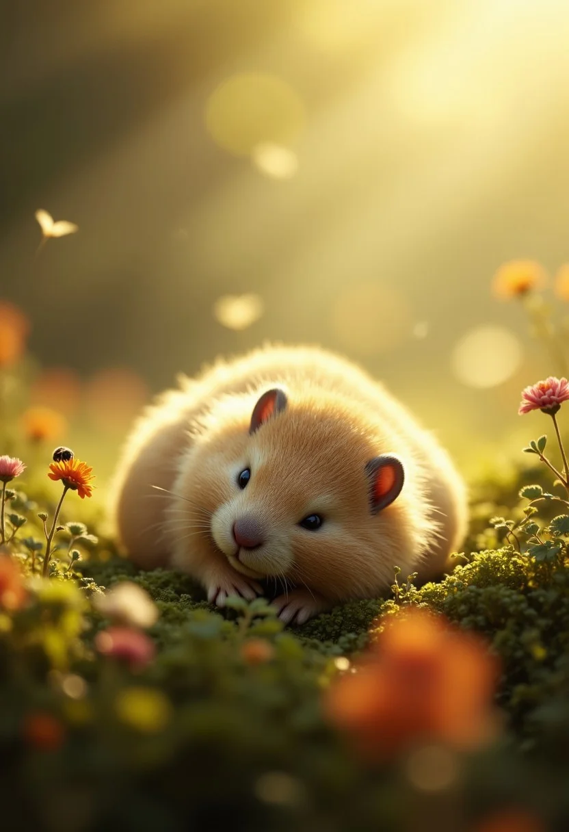 32k,8k,dynamic,(ultra high res:1.4),National Geographic photography, cinematic, depth of field, bokeh, best quality, animal photography,macro wildlife photography, photorealistic, view from top, dutch angle,wild flowers everywhere, in fantastic antique forest, very close up photography of a whimsical chubby marmot, soft fluffy dry fur,sleeping, paws up, belly,lying back in grass and moss, exposing belly to sun's warmth,belly lit by godray, relaxed, having a nap. Tilted head. Bees and butterflies flying around, in a sunny summer afternoon.The atmosphere gives an impression of peace and serenity, light and dust particles floating in sunrays, Vibrant Glow, rule of third, gold number proportions