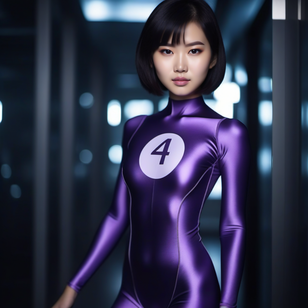 cinematic photo DupliKate1024, a full body  asian woman wears a purple bodysuit, (((text ''4''))) of the chest  <lora:DupliKate1024:0.9> . 35mm photograph, film, bokeh, professional, 4k, highly detailed