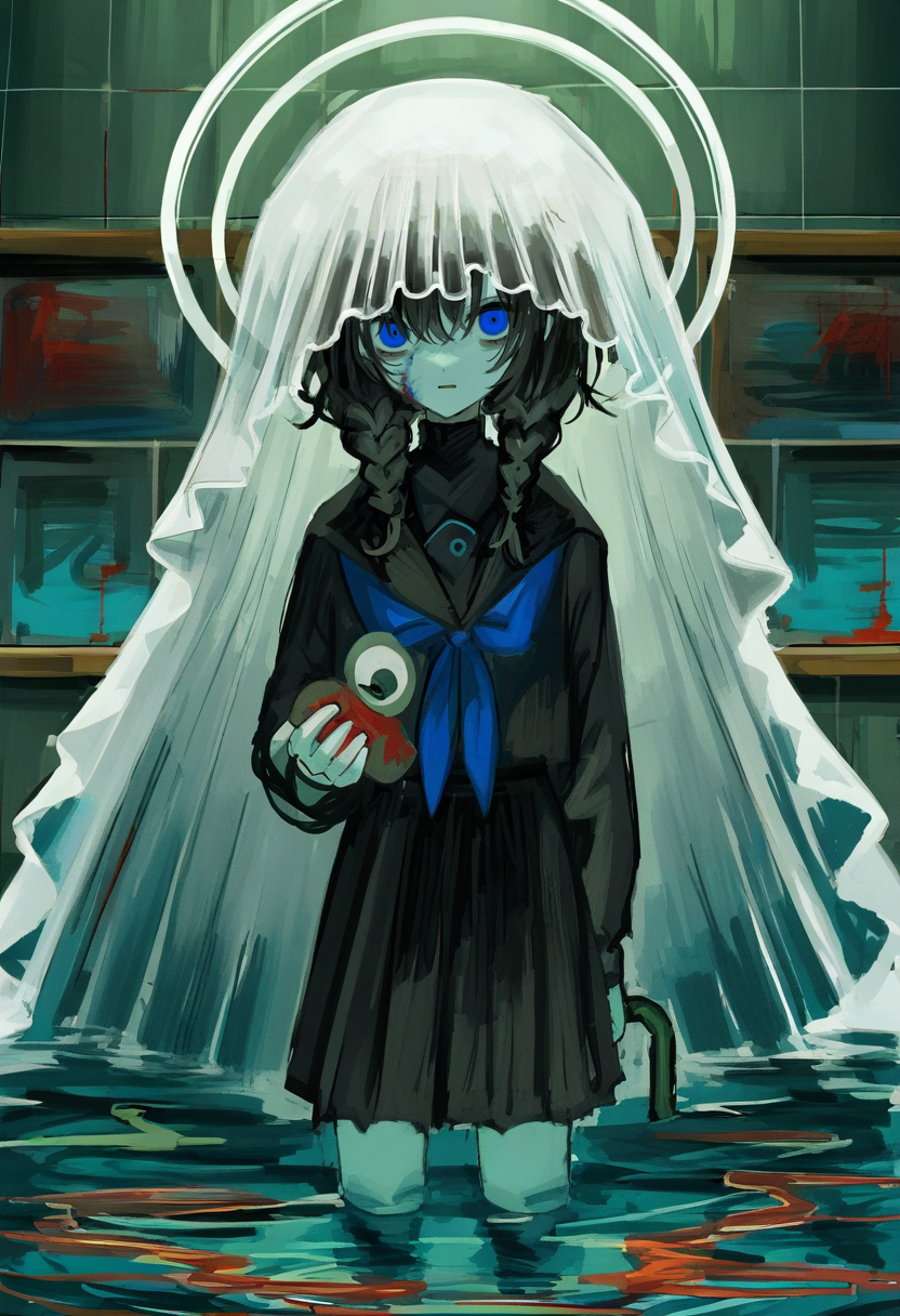 1girl, skirt, blue eyes, solo, halo, school uniform, holding, looking at viewer, braid, wading, twin braids, veil, serafuku, black skirt, shirt, black shirt, neckerchief, pleated skirt, long hair, sailor collar, black serafuku, bangs, long sleeves, blood, standing, indoors, parted lips <lora:shiunXL_NB11_lokr_V6311P:0.95>