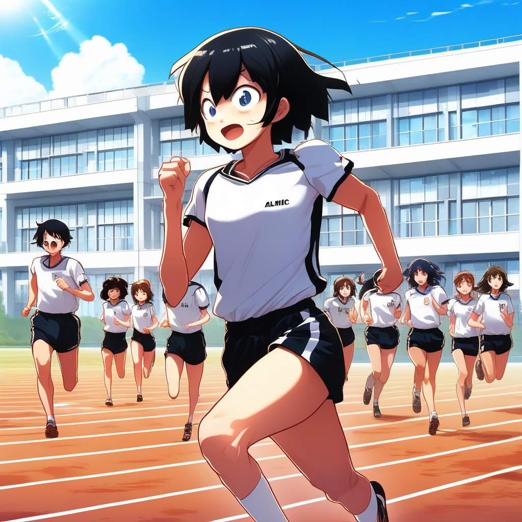great quality,,(almic,akakura,ogipote,dikko:0.7), (sincos:0.7),vivid,schoolyard, white school building,soil ground,day,blue sky, sun beam,sports wear,navel, black hair,groin,running wear,track and field athlete,black shorts,upper body,black eyes,running,bare shoulder
