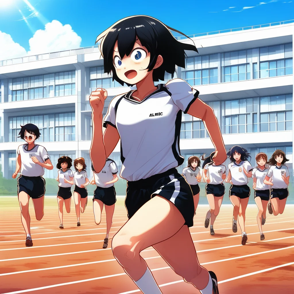 great quality,,(almic,akakura,ogipote,dikko:0.7), (sincos:0.7),vivid,schoolyard, white school building,soil ground,day,blue sky, sun beam,sports wear,navel, black hair,groin,running wear,track and field athlete,black shorts,upper body,black eyes,running,bare shoulder