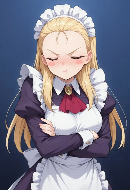 1girl,solo,cute,
misuzu asahina ,blonde hair, long hair,forehead, closed eyes, lipstick purple
maid, maid apron, maid headdress,
tsundere, blush, looking_away, angry_blush, embarrassed, fidgeting, pout, sweatdrop, blush_stickers, tsundere_face,
crossed_arms, defensive_pose, turned_head, body_facing_forward_while_looking_away, tsundere_pose, raised_shoulder, awkward_stance
looking at viewer,portrait
Simple blue background,(soft focus:1.3),
masterpiece, amazing quality, best quality, ultra-detailed, 8K, illustration, CG, shiny hair, clear skin, ultra-detailed-eyes, eyelashes, highly detailed,