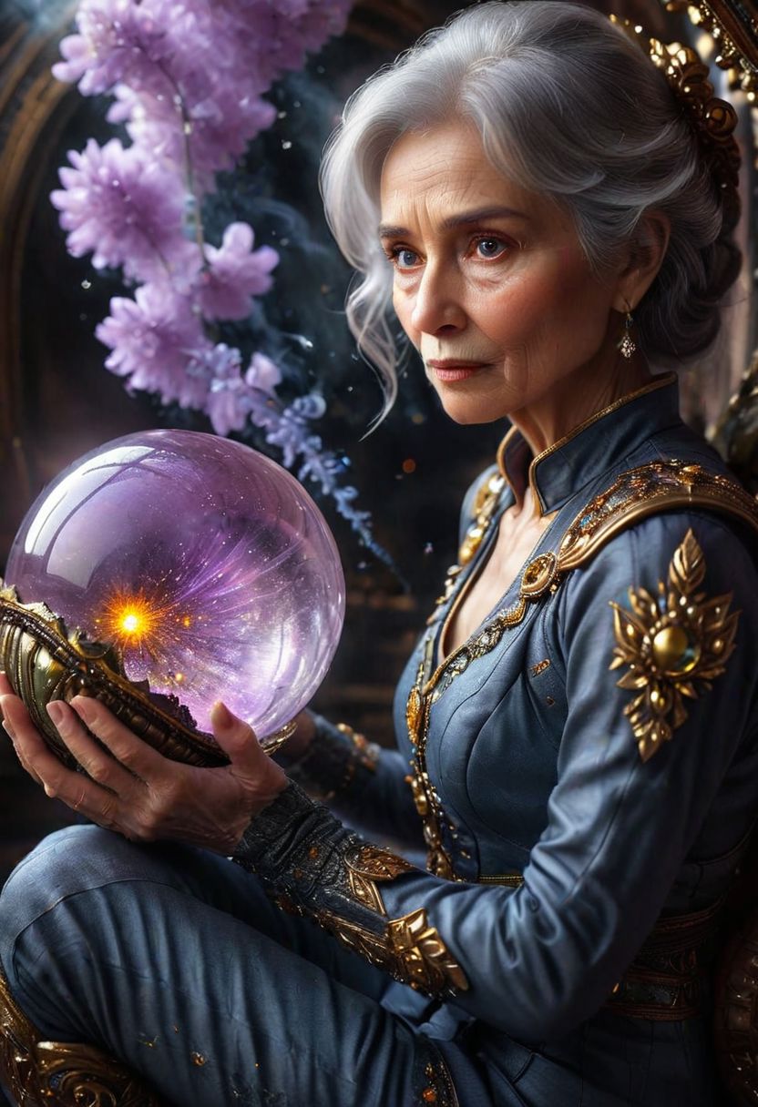 (full body shot), ((an old woman siting with her back to a space mushroom, in an intricate interstellar spacesuit holding a huge alien crystal ball, glowing, and blowing out many huge smoke rings)), (A giant snail|octopus attacking), intricate, (old:1.7), by Moebius and H. R. Giger and Stefan Martiniere and Tomer Hanuka,  hyper detailed, award winning on artstation.com,(intricate details, masterpiece, best quality:1.4), looking at viewer, dynamic pose, wide angle view, dense fog, Different shades of wisteria and grape, embellished with gold decoration, fractal art, in the style of nicola samori, Intense gaze, Bright... ,Model, expression, anthro, Rainbowiridal palette eyes, Shiny..., Bright..., Intense gaze, Fire dragon eyes, Amber cat eyes, Anthro... woman, Genetically modified..., facial expression