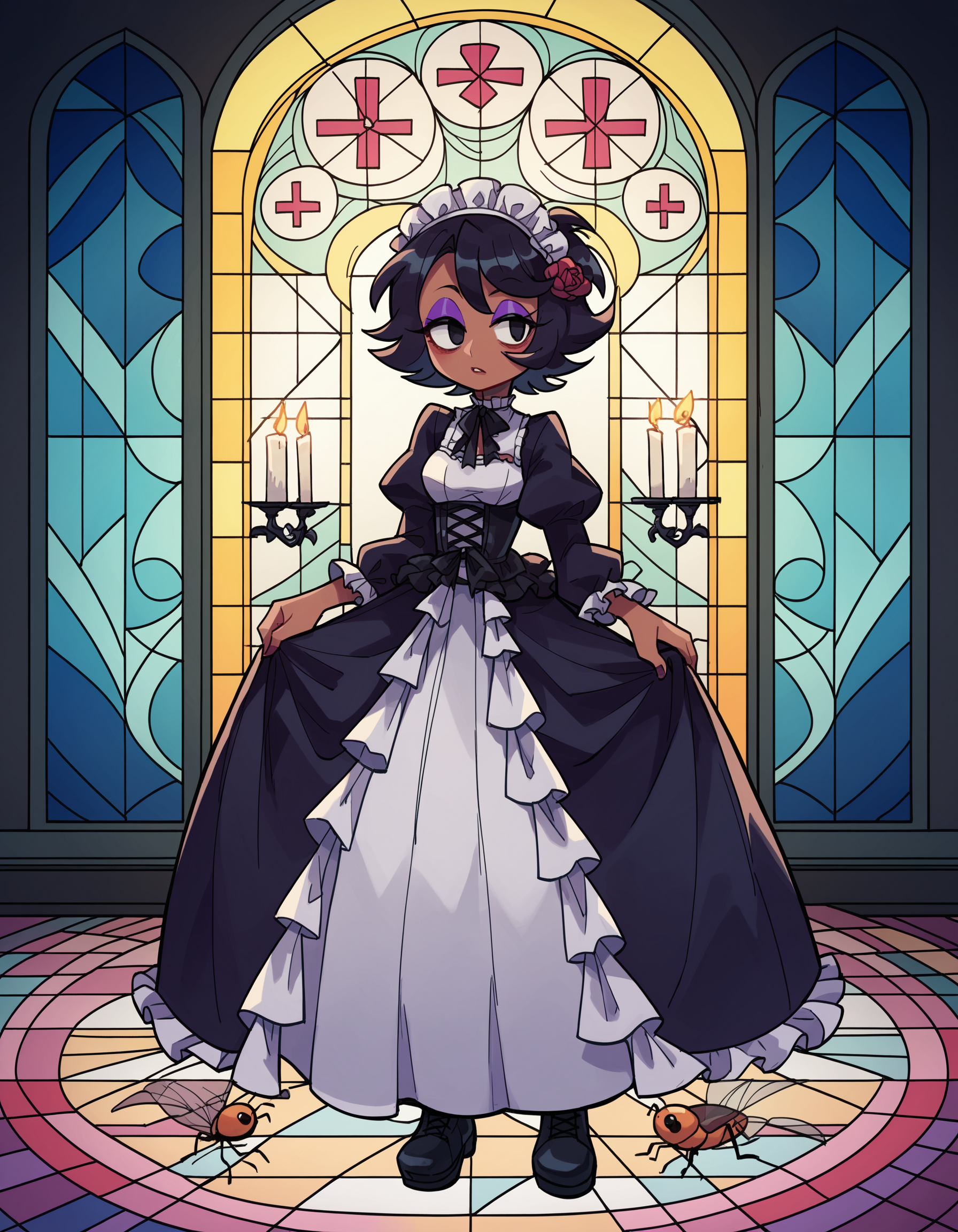 zPDXL, score_9, score_8_up, score_7_up, source_anime, 1girl, solo, absurdres, 4k, <lora:anapijama:0.8> anapijama
short hair, black eyes, messy hair, purple eyeshadow, tan, bug, beetle, black hair, 
lower eyelashes, upper eyelashes, eyeliner, Gothic Frilled dress, long skirt, Headdress, bowknot, hair ornament, multicolored flower, black fishnet_pantyhose, garter straps, Lace, cross-laced footwear, frilled blouse, ribbon-trimmed sleeves, puffy sleeves, , frilled drawers  +++ candlestick, stained glass, intricate gothic architecture