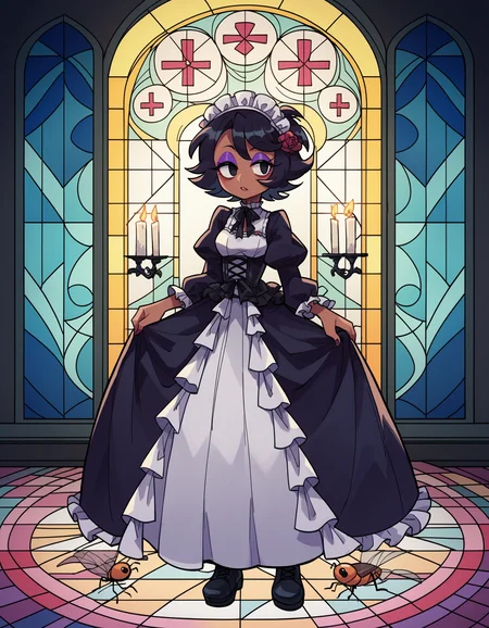 zPDXL, score_9, score_8_up, score_7_up, source_anime, 1girl, solo, absurdres, 4k, <lora:anapijama:0.8> anapijama
short hair, black eyes, messy hair, purple eyeshadow, tan, bug, beetle, black hair,
lower eyelashes, upper eyelashes, eyeliner, Gothic Frilled dress, long skirt, Headdress, bowknot, hair ornament, multicolored flower, black fishnet_pantyhose, garter straps, Lace, cross-laced footwear, frilled blouse, ribbon-trimmed sleeves, puffy sleeves, , frilled drawers +++ candlestick, stained glass, intricate gothic architecture
