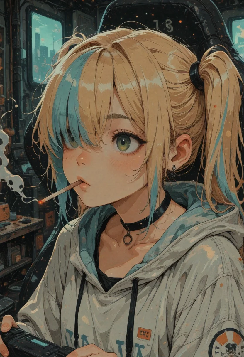 ukiyo-e, ligne_claire, (phantom_ix_row,ireading,akizero1510,alchemaniac:0.4),
1girl, green eyes, two toned hair, blonde hair, (blue hair:1.3), twintails, hair over one eye, bangs, long oversized hoodie, black choker,
smoking, close-up,
indoors, gaming chair, screen light