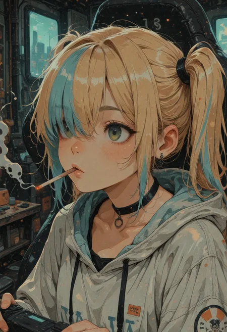ukiyo-e, ligne_claire, (phantom_ix_row,ireading,akizero1510,alchemaniac:0.4), 
1girl, green eyes, two toned hair, blonde hair, (blue hair:1.3), twintails, hair over one eye, bangs, long oversized hoodie, black choker,
smoking, close-up,
indoors, gaming chair, screen light
