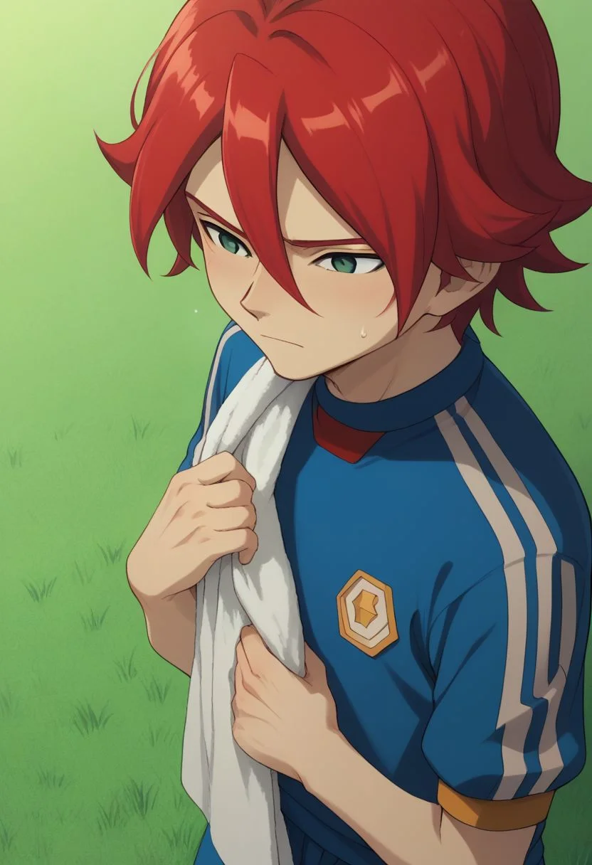 score_9, score_8_up, score_7_up, source_anime, highly detailed, 1boy, solo, male_focused 
Kiyama_hiroto, red hair, green eyes, sportswear, soccer uniform, 
outdoor, grass, soccer field, hold, holding towel, sweat, tired, red face,
