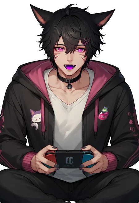 DskMiqo, 1boy, black hair, black jacket, black pants, can, choker, collar, cat boy, cat ears, animal ears, animal ear fluff, collarbone, colored tongue, hair between eyes, hair ornament, hairclip, handheld game console, holding, holding controller, hood, hood up, hooded jacket, hoodie, jacket, long sleeves, looking at viewer, male focus, facial markings, ffxiv, nail polish, nintendo switch, open mouth, pants, pink eyes, shirt, short hair, simple background, sitting, solo, white background, white shirt, miqo'te BREAK ,score_9, score_8_up, score_7_up, score_6_up, score_5_up, score_4_up,