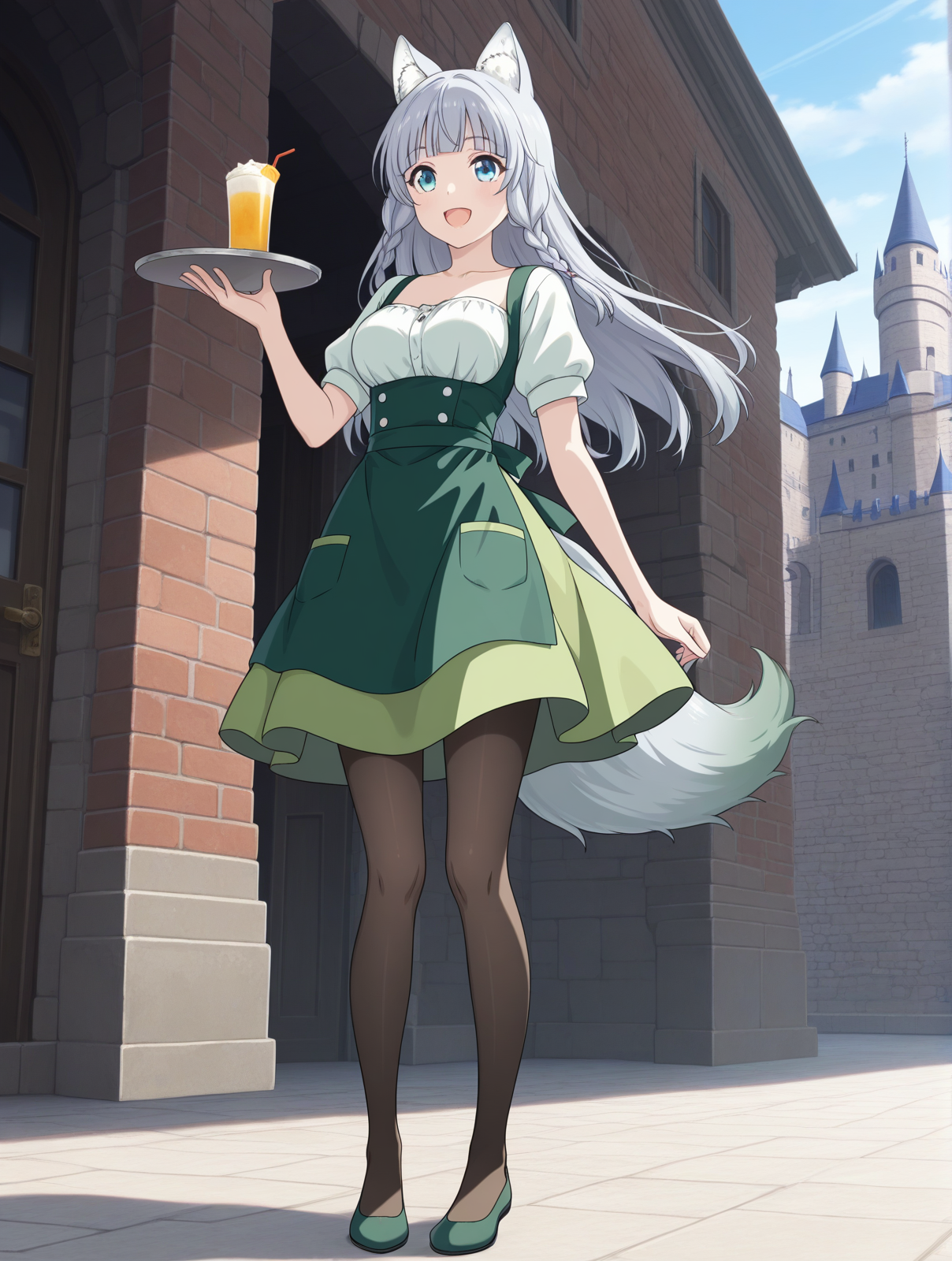 (waitress green dress apron pantyhose green flats:1.50), 
km-shigure, blue eyes, grey hair, bangs, long hair, wolf ears, wolf tail, 
medium breasts, 1girl, 
(masterpiece, highres, ultra-detailed,very aesthetic, best quality, absurdres, high quality, highres), 
happy,
,
(:1.20), 
BREAK,
castle,
,
(solo:0:4::0.40), (skinny:0.8),
(),
<lora:km-shigure-V04-illXL-000003:0.60>