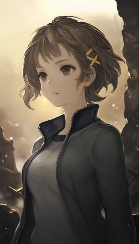 masterpiece,best quality,amazing quality,
<lora:natsunominamiNAI:1>,natsunominami,
1girl,solo,brown hair,short hair,bangs,brown eyes,yellow hairpin,grey jacket,gym uniform,
portrait, looking ahead, parted lips, flowing hair,
outdoors,ruins,dust,wind,yellow sky,light particles,broken pillar,