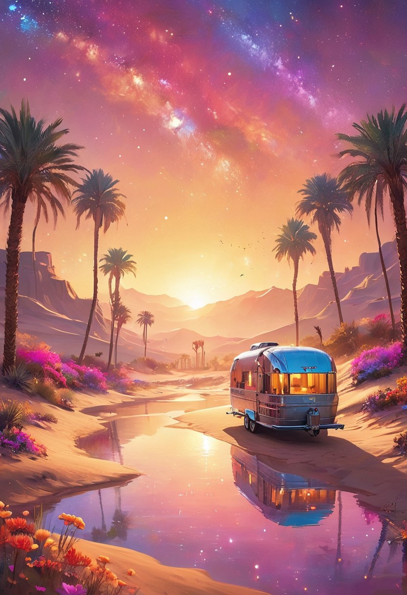 Envision a mystical desert oasis surrounded by golden sand dunes, where an iridescent lake reflects the stars above. Palm trees sway gently in the warm breeze, and vibrant flowers bloom in unexpected colors. In the distance, a caravan of travelers rides on the backs of majestic sand creatures, while shimmering mirages create illusions of distant cities. The atmosphere is enchanting, filled with the promise of adventure and the allure of the unknown.