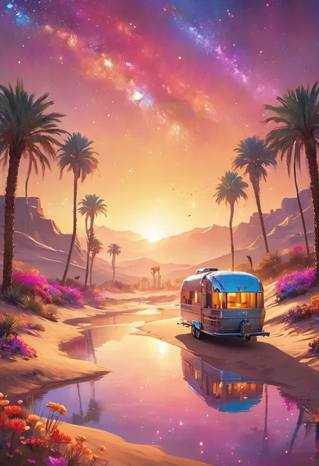 Envision a mystical desert oasis surrounded by golden sand dunes, where an iridescent lake reflects the stars above. Palm trees sway gently in the warm breeze, and vibrant flowers bloom in unexpected colors. In the distance, a caravan of travelers rides on the backs of majestic sand creatures, while shimmering mirages create illusions of distant cities. The atmosphere is enchanting, filled with the promise of adventure and the allure of the unknown.