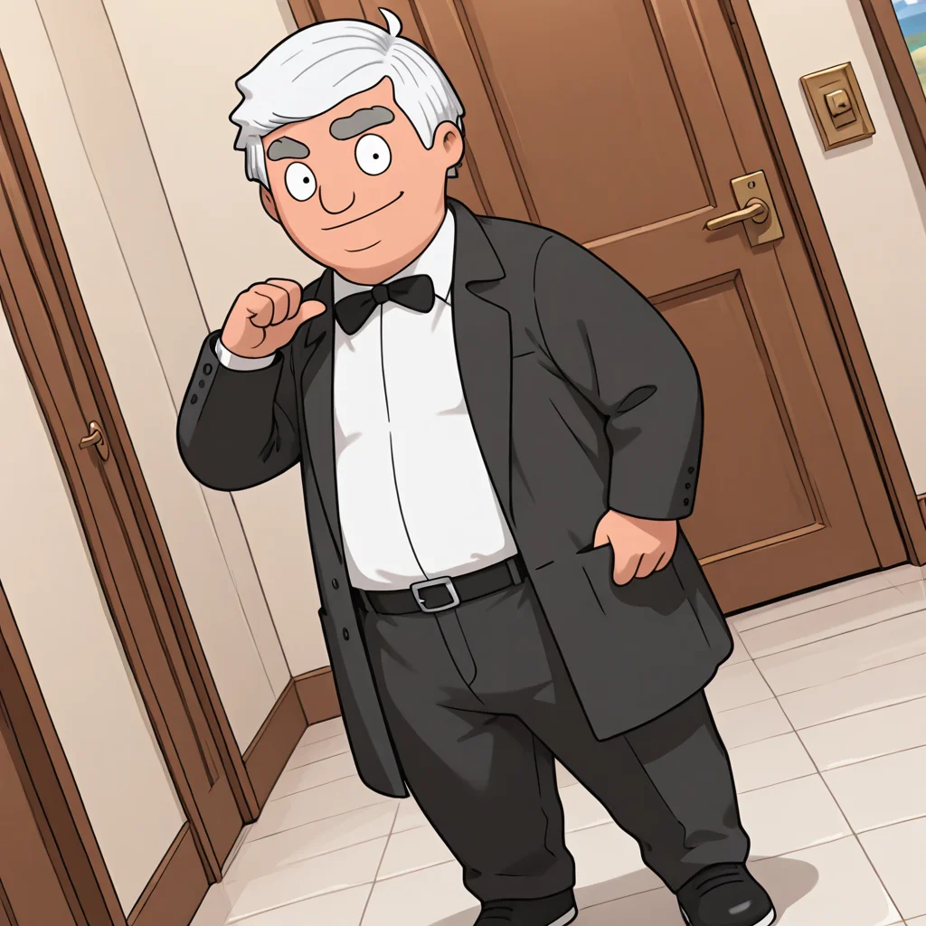 high quality, masterpiece, amazing quality, colorful, best quality, detailed background, indoors, BREAK, <lora:alex-v4-07:0.9> (bb-gene), 1boy, plump, (aged_down), light smile, pointing at self, black suit, black coat, white shirt, black traditional bowtie, black belt, black pants, black footwear, dynamic angle, white_alternate_hairstyle, thick_eyebrows, cocked eyebrow,