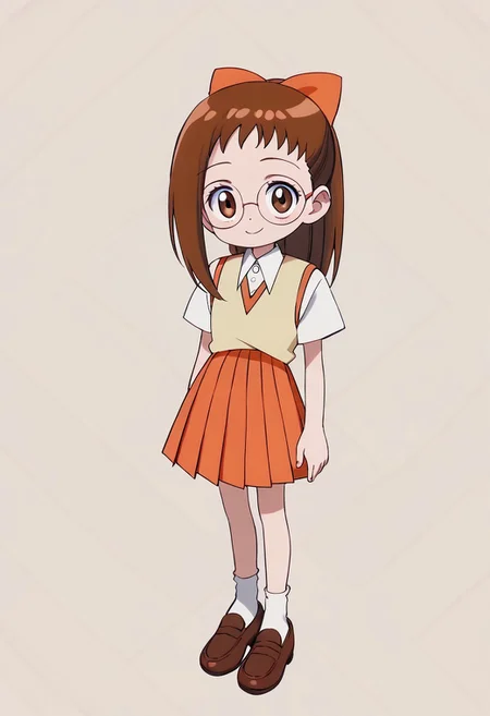 score_9, score_8_up, score_7_up BREAK Hazuki1, 1girl, brown hair, ponytail, brown eyes, glasses, orange bow, soft yellow waistcoat, short-sleeved collared white buttoned shirt, pleated orange skirt, socks, brown shoes, full body, smiling at viewer,